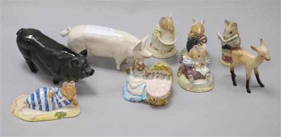 Doulton and Beswick models of pigs, a Beswick deer, and 6 Beatrix Potter characters
